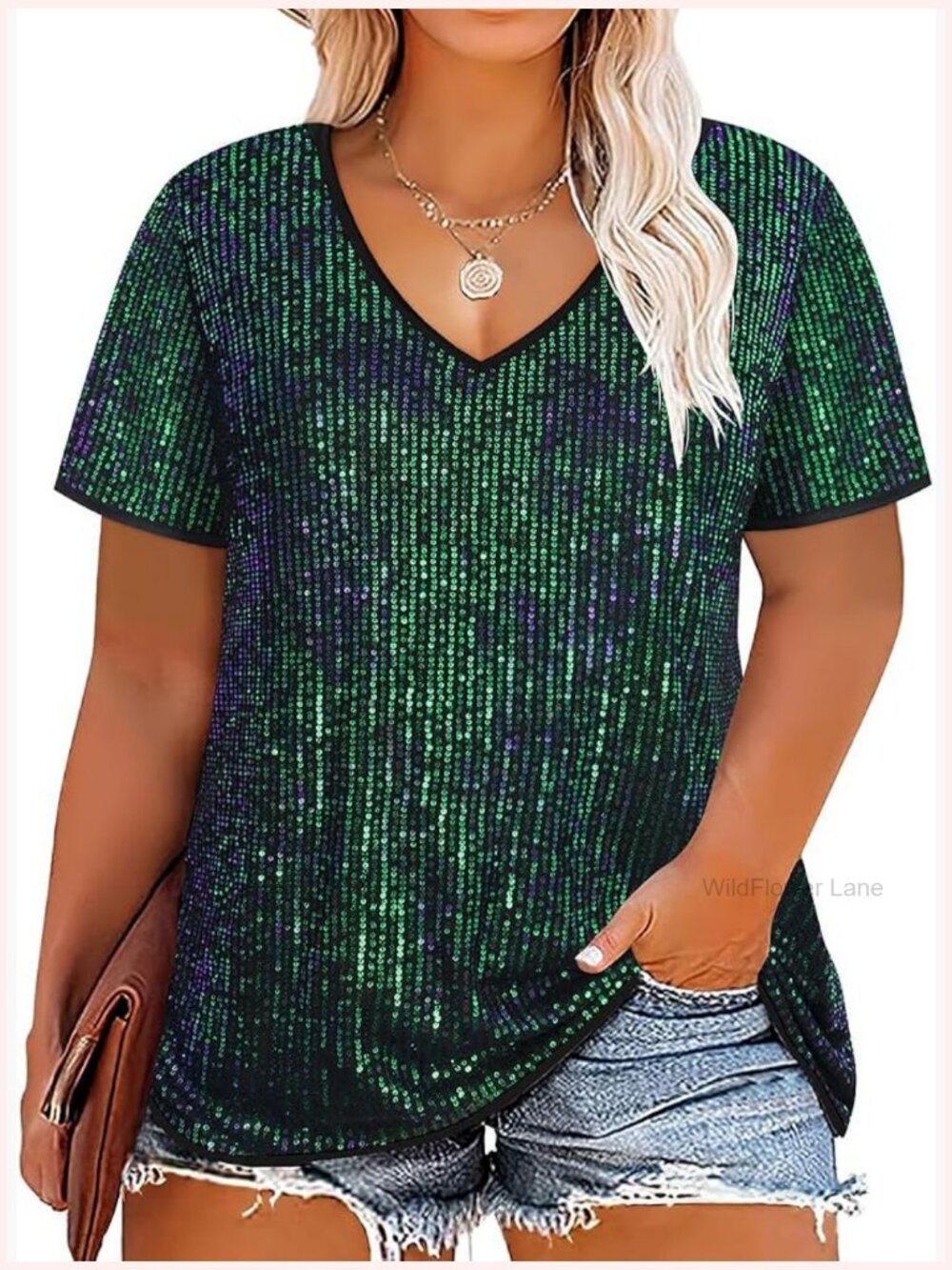 Plus Size Sequin Top V Neck Short Sleeve Party Blouse Women Tunic Sparkly Shiny